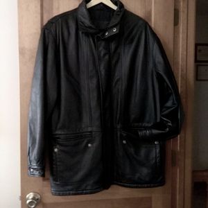 London Fog Men's Black Leather Zip Front Coat XL Outer Inner Pockets Cinch Waist